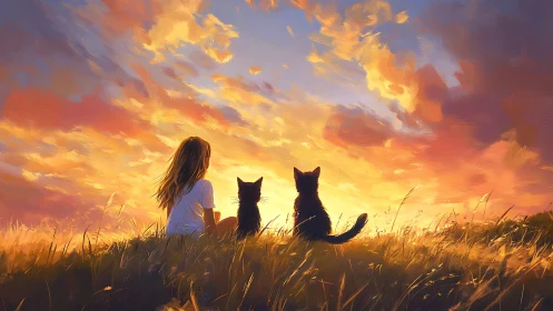 Girl and Cats Gaze at a Burning Sky's Golden Promise