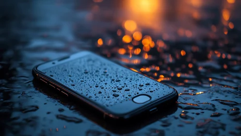 Water-Resistant Smartphone Resting on Wet Surface with Bokeh Illumination.