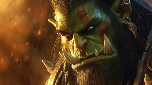 Battle-scarred orc warrior glares through blazing embers