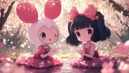 Two stylized characters sit under cherry blossoms in water