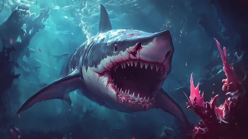 Fierce ocean shark surges forward in glowing teal depths.