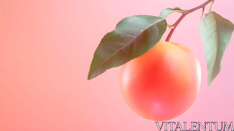 Ripe apple on branch with green leaves, soft pastel pink background.