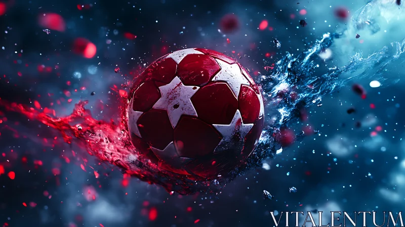 Exploding red football spins through liquid fire and ice energy