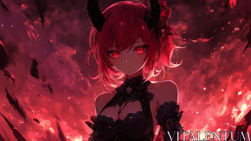 Ember-eyed demon girl crowned in storming crimson fire.