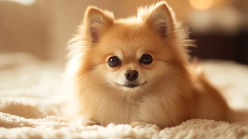 Fluffy Pomeranian rests on soft bed in warm evening light.