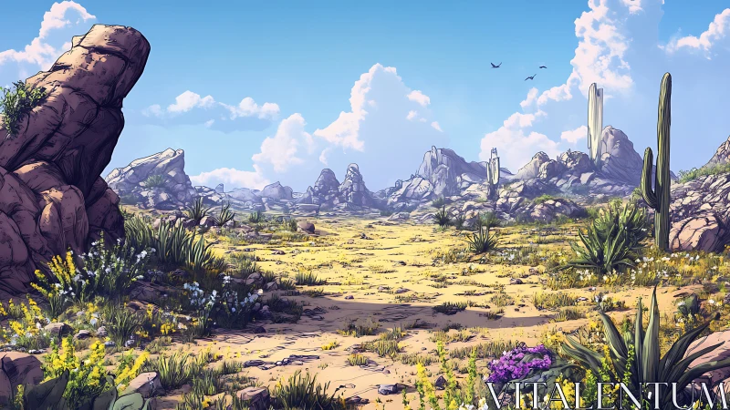 Sunlit desert valley renders stylized rocks and blooming flora