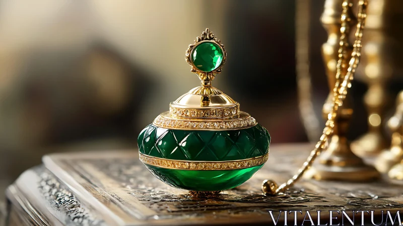 Green cut-glass perfume bottle with gold decorative lid.