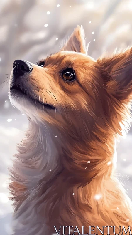 Gentle corgi gazing upward in a soft winter snowfall.