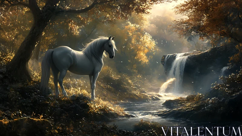 Digital painting of white horse by luminous woodland waterfall.