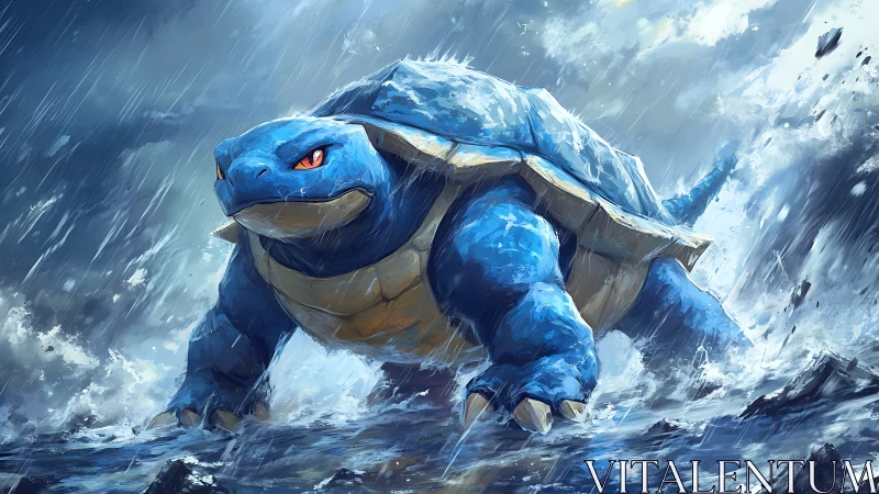 Storm-forged turtle beast surging through crashing waves.