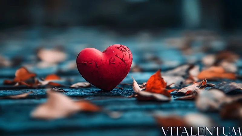 A Crimson Heart Rests Gently Surrounded by Autumn Leaves