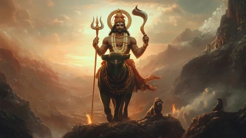 Radiant mountain deity rides a sacred bull through glowing dusk