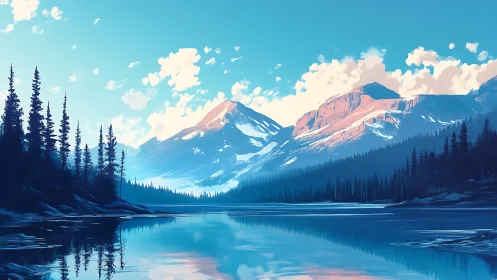 Low-angle alpine lake panorama with stylized atmospheric perspective