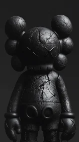 Matte black cracked vinyl figure under directional studio lighting