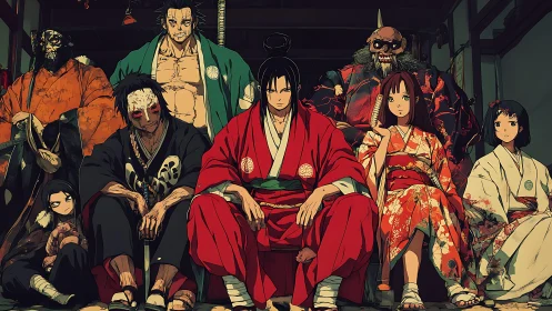 Samurai ensemble in symmetrical seated group portrait composition.