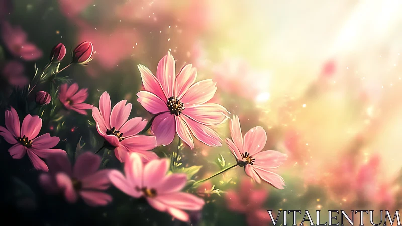 Digital botanical rendering of cosmos flowers with luminous particle effects and bokeh backdrop