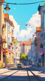 Sunny low-rise street with tram tracks and parked car.