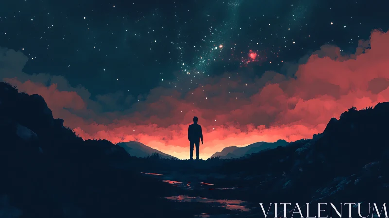 Lone silhouette gazes into a crimson sky of infinite stars