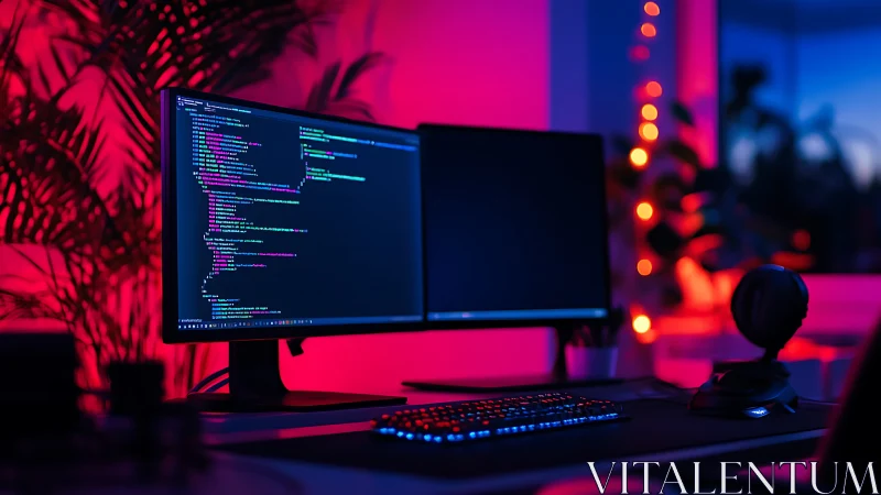 Neon-lit dual monitors ignite a late-night coding command post.