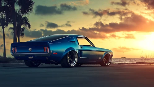 Restomod fastback muscle car at sunset coastal boulevard