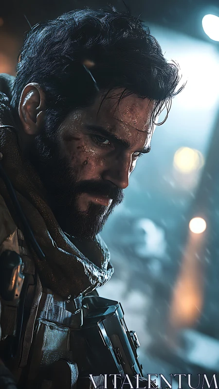 Battle-hardened soldier stares ahead in rain-soaked tension.