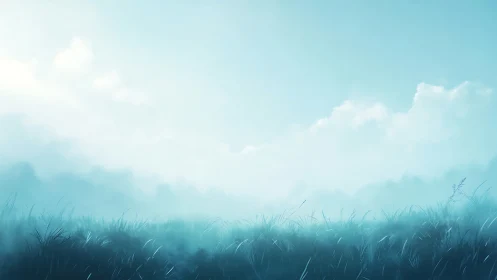 Low mist over blue grassland under diffuse morning light.