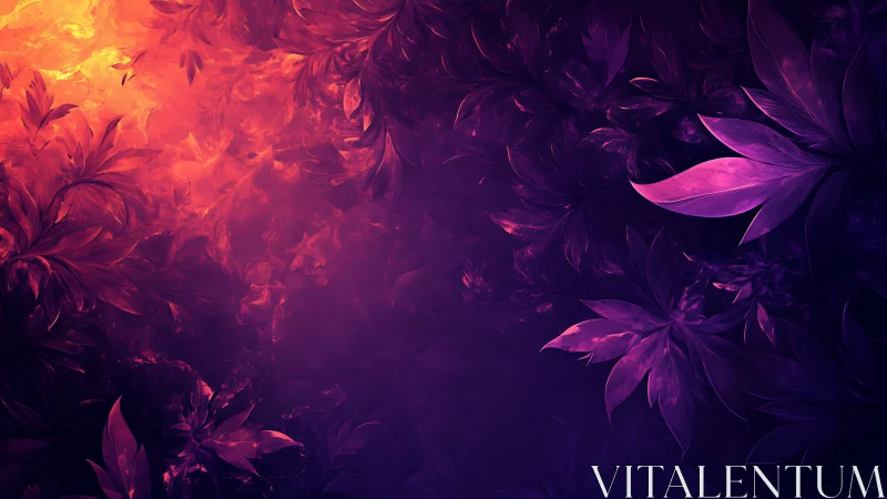 Vivid purple foliage silhouettes glow against molten orange sky