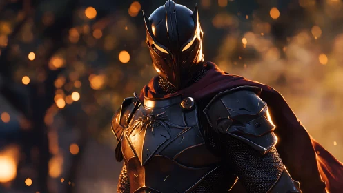 Midnight knight stands ready beneath a glowing ember sky