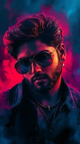 Chromatic portrait of neon-lit man in stylized vector detail.