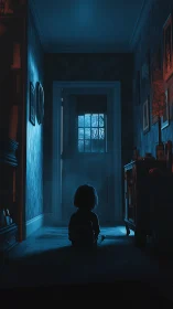 Silent child in blue hallway gazing toward glowing doorway.