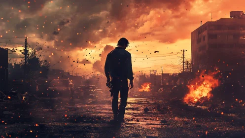 Backlit lone figure traverses flame‑lit urban warzone street