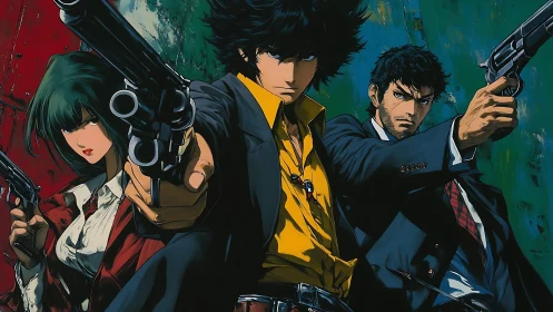 Stylized armed trio in dynamic frontal anime composition.
