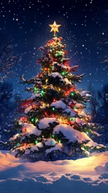 Snowy Christmas tree glows under a crisp winter night sky.