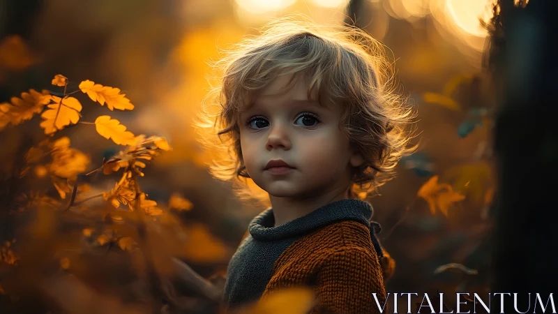 Young child with curled hair in autumn foliage setting