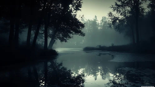 Moody digital painting of mist-laden river forest at dusk.