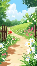 Sunlit floral pathway under cumulus-rich spring skyscape.