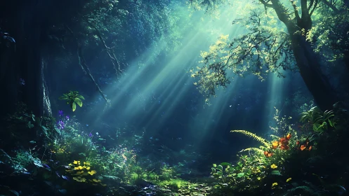 Enchanted forest floor illuminated by celestial rays through canopy.