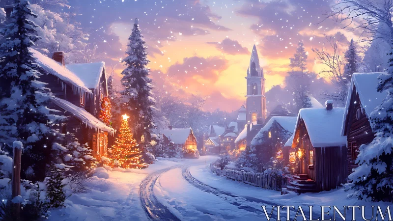 Snow-covered village street curves toward illuminated church tower