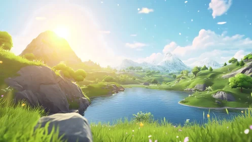 Sunlit valley lake where quiet hills meet bright skies.