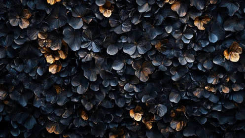 Dark metallic hydrangea petals pattern with gold highlights.