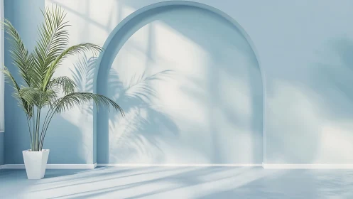 Indoor palm plant beside large blue arched wall opening.