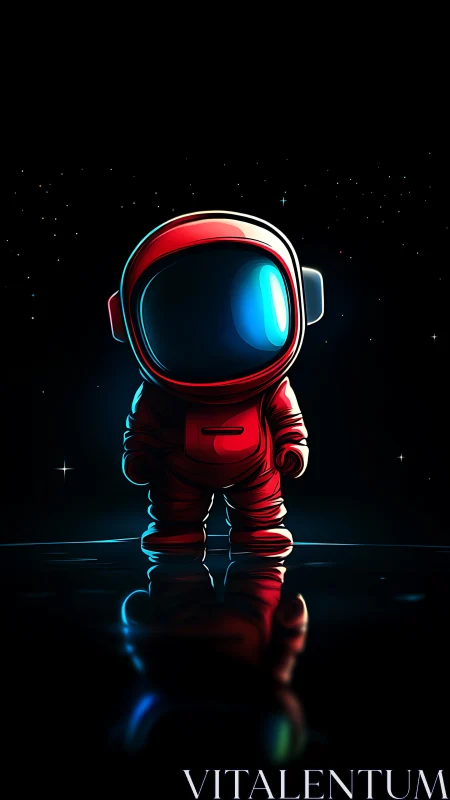 Red cartoon astronaut standing alone in deep space.