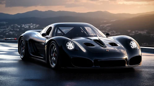 Low-angle render showcases black hypercar at sunset on wet track