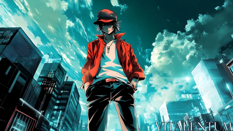 Cool city wanderer in a bold red jacket at dusk.