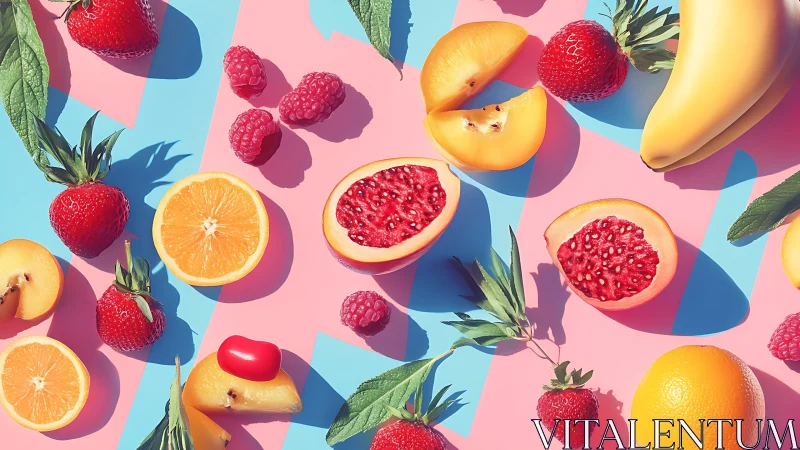 Vibrant flat-lay fruit study on geometric pastel backdrop.