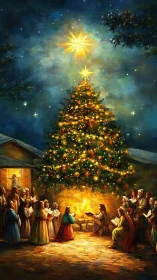 Night nativity gathering under illuminated Christmas tree.