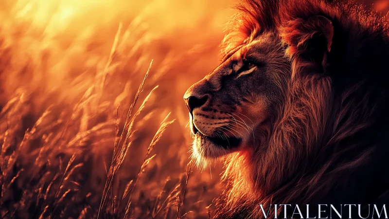 Majestic lion gazes across sunlit savanna at dusk.