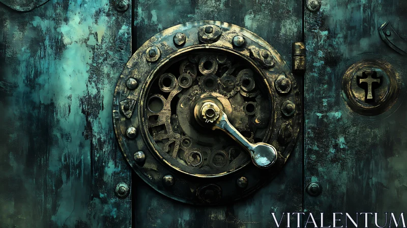 Weathered steampunk vault door with worn metal secrets.