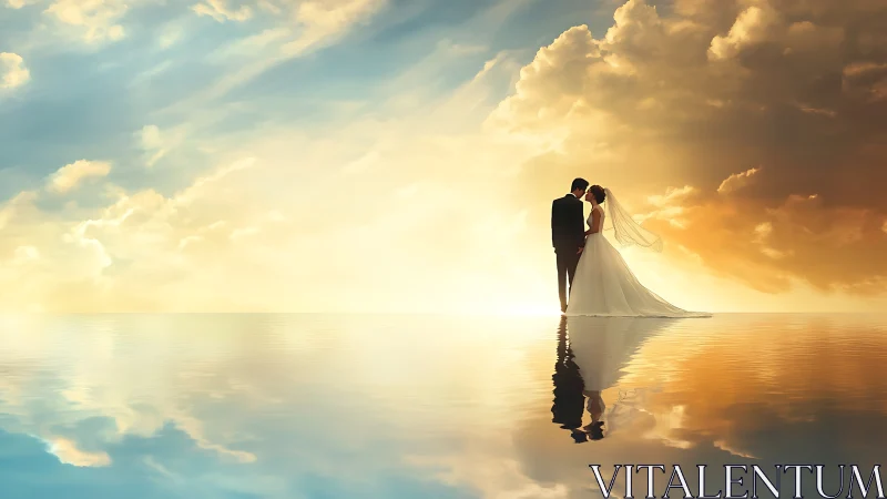Bride and Groom Silhouette in Golden Sunset Over Water