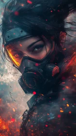 Post-apocalyptic warrior in gas mask rendered with fiery bokeh detail